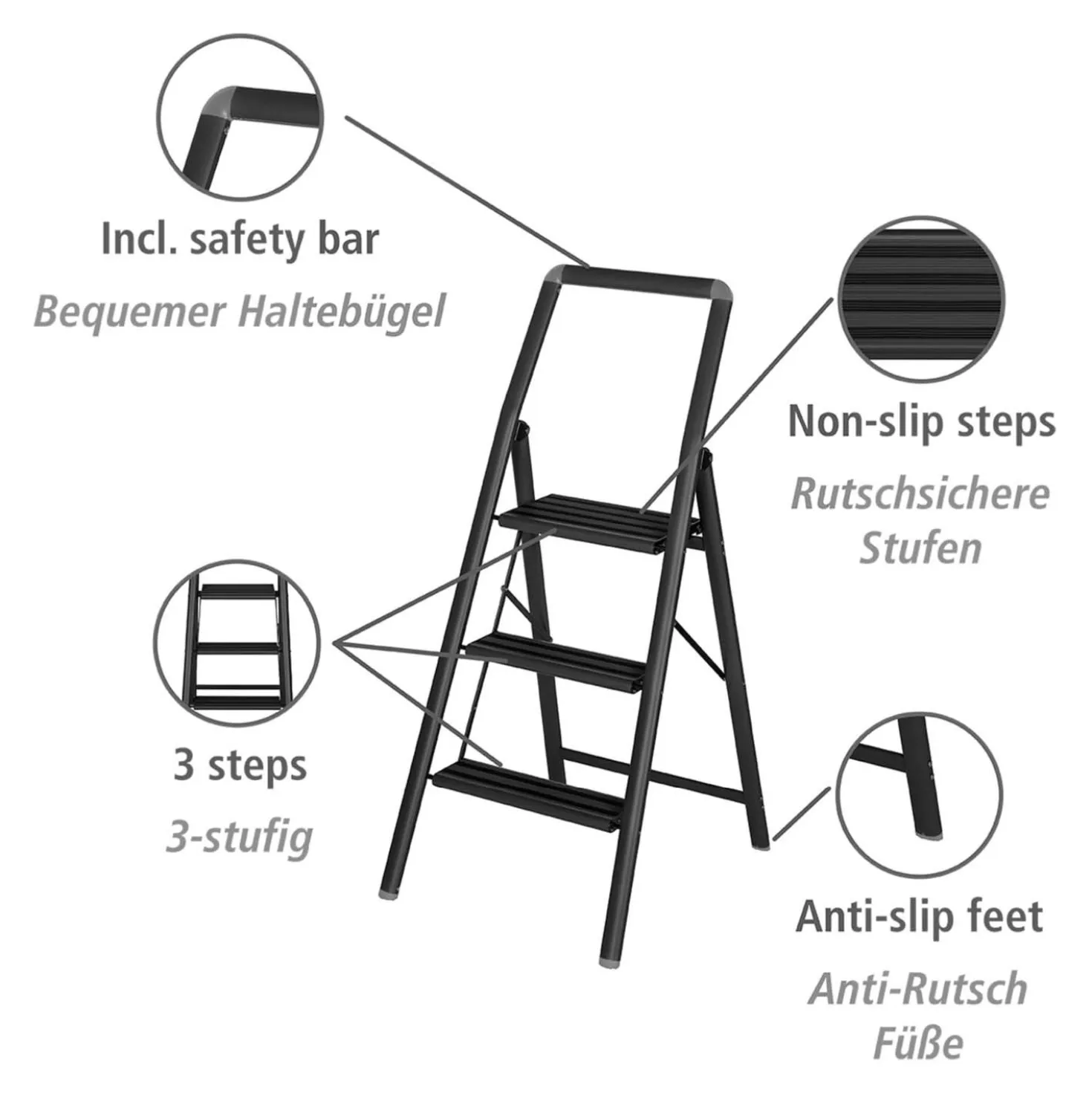 Alu-Klapptrittleiter Compact 3-stufig Schwarz WENKO