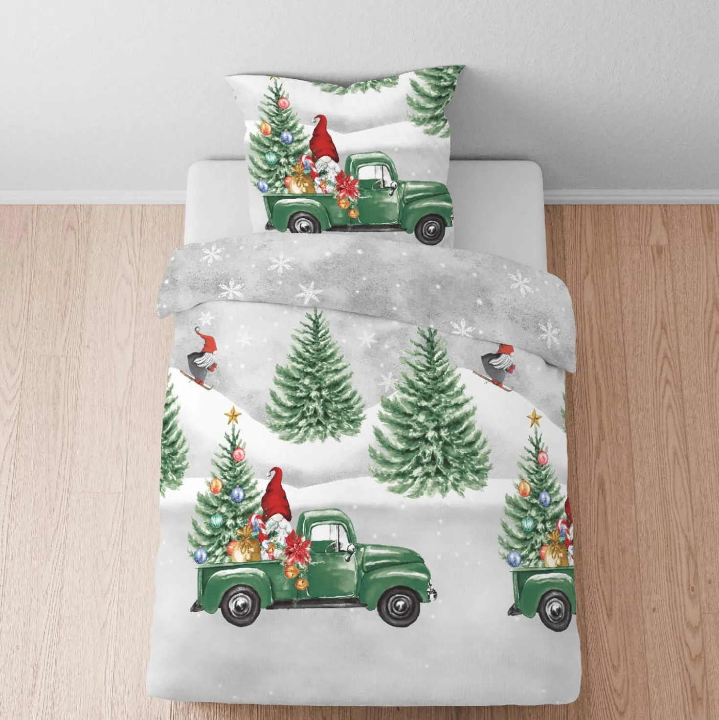 biberna Feinbiber Bettwäsche Wichtel & Weihnachtsbaum sturmgrau, 155x220 cm + 80x80 cm
