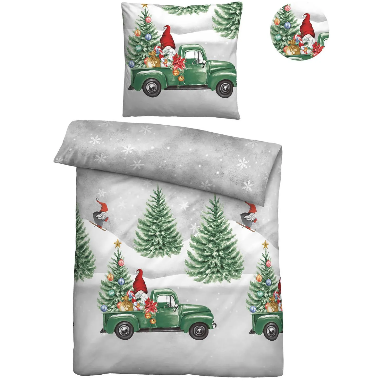 biberna Feinbiber Bettwäsche Wichtel & Weihnachtsbaum sturmgrau, 155x220 cm + 80x80 cm