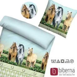 biberna Linon-Bettwäsche PFERDE pistaziengrün, 135x200 cm + 80x80 cm