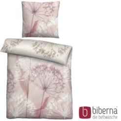 biberna Mako-Satin Bettwäsche PUSTEBLUME rose, 155x220 cm + 80x80 cm