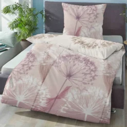 biberna Mako-Satin Bettwäsche PUSTEBLUME rose, 155x220 cm + 80x80 cm