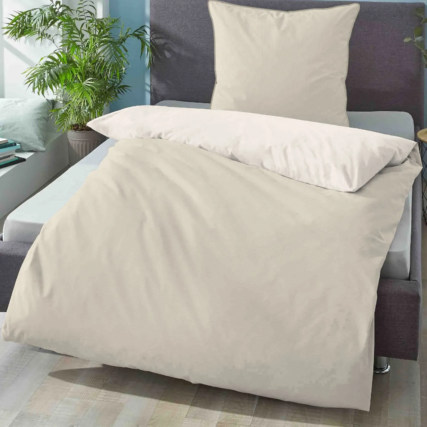 biberna Mako-Satin Bettwäsche FEINE STREIFEN natur, 155x220 cm + 80x80 cm