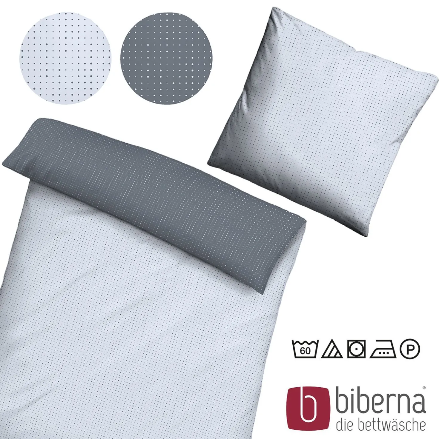 biberna Mako-Satin Bettwäsche PUNKTE - MIX & MATCH blau, 155x200 cm + 80x80 cm