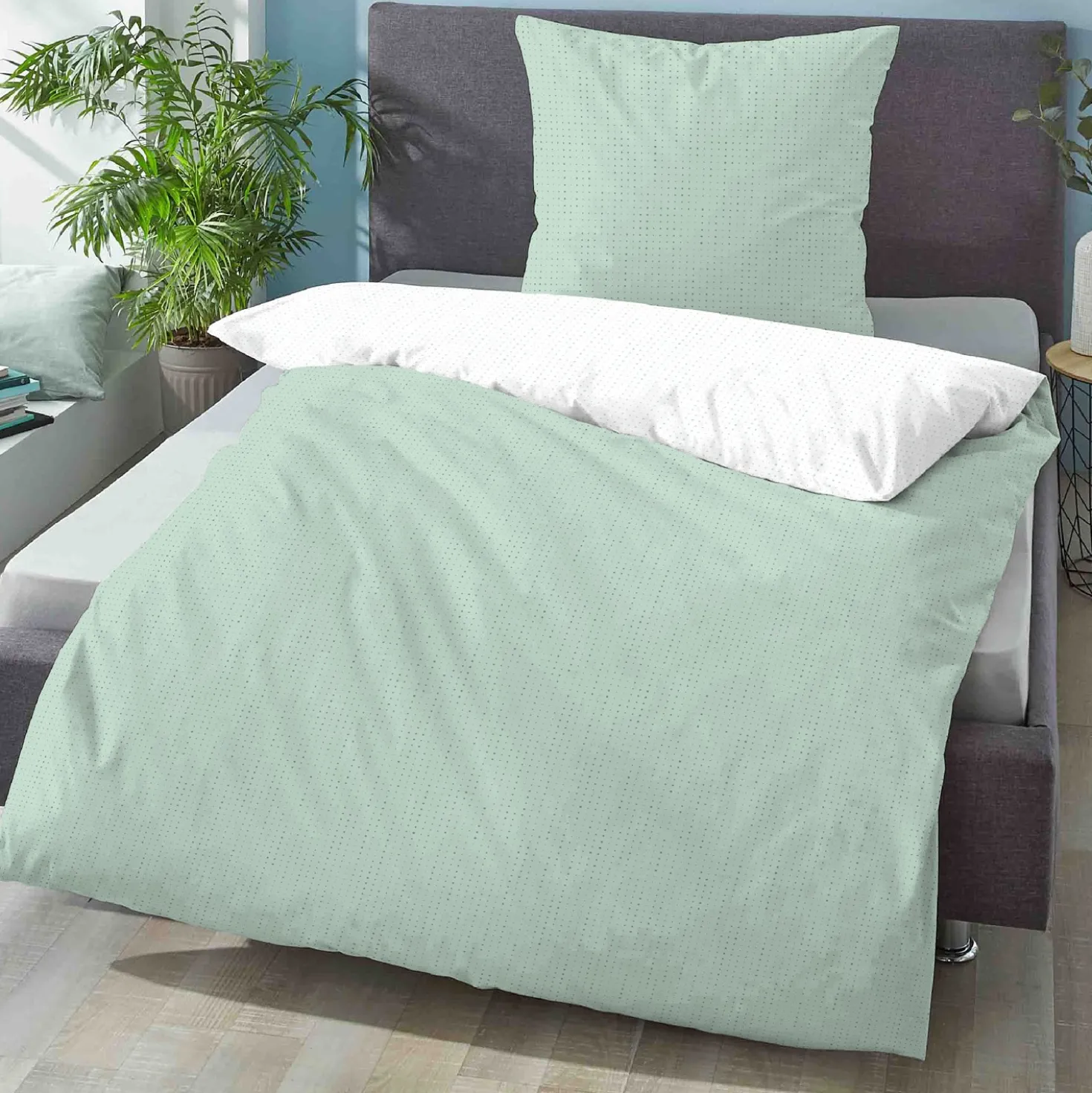 biberna Mako-Satin Bettwäsche PUNKTE - MIX & MATCH mint, 200x200 cm + 2x 80x80 cm