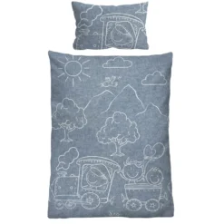 biberna Melange-Flanell Bettwäsche Lokomotive blau, 100x135 cm + 40x60 cm