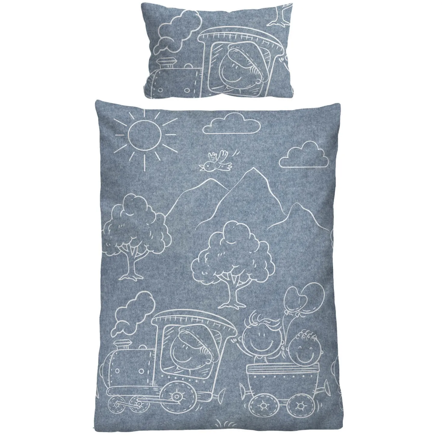 biberna Melange-Flanell Bettwäsche Lokomotive blau, 100x135 cm + 40x60 cm