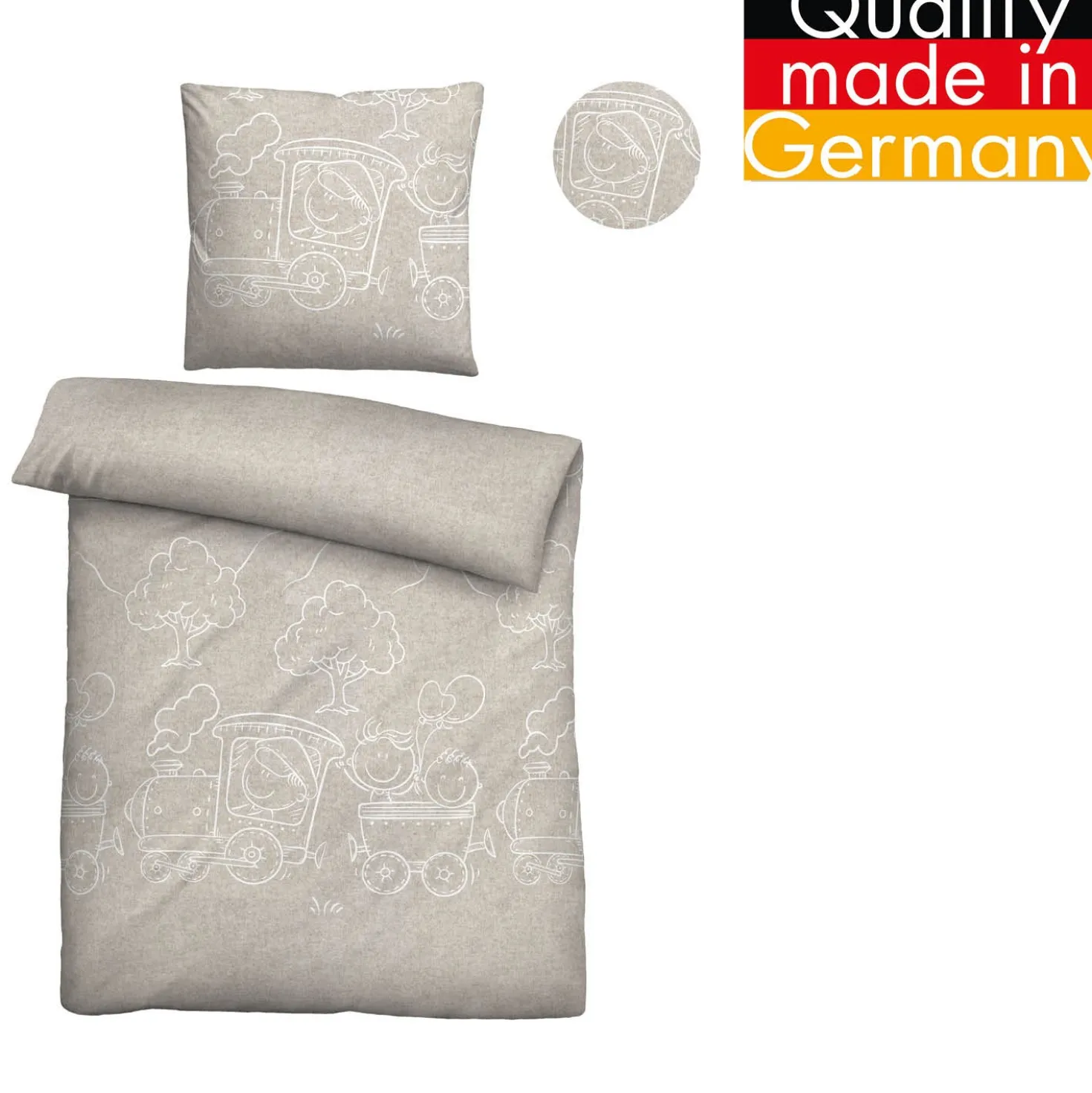 biberna Melange-Flanell Bettwäsche Lokomotive kitt, 100x135 cm + 40x60 cm
