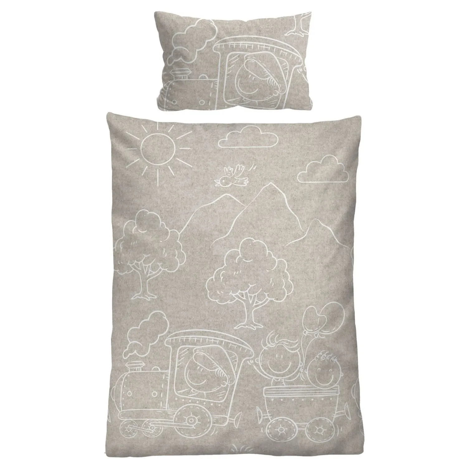 biberna Melange-Flanell Bettwäsche Lokomotive kitt, 100x135 cm + 40x60 cm