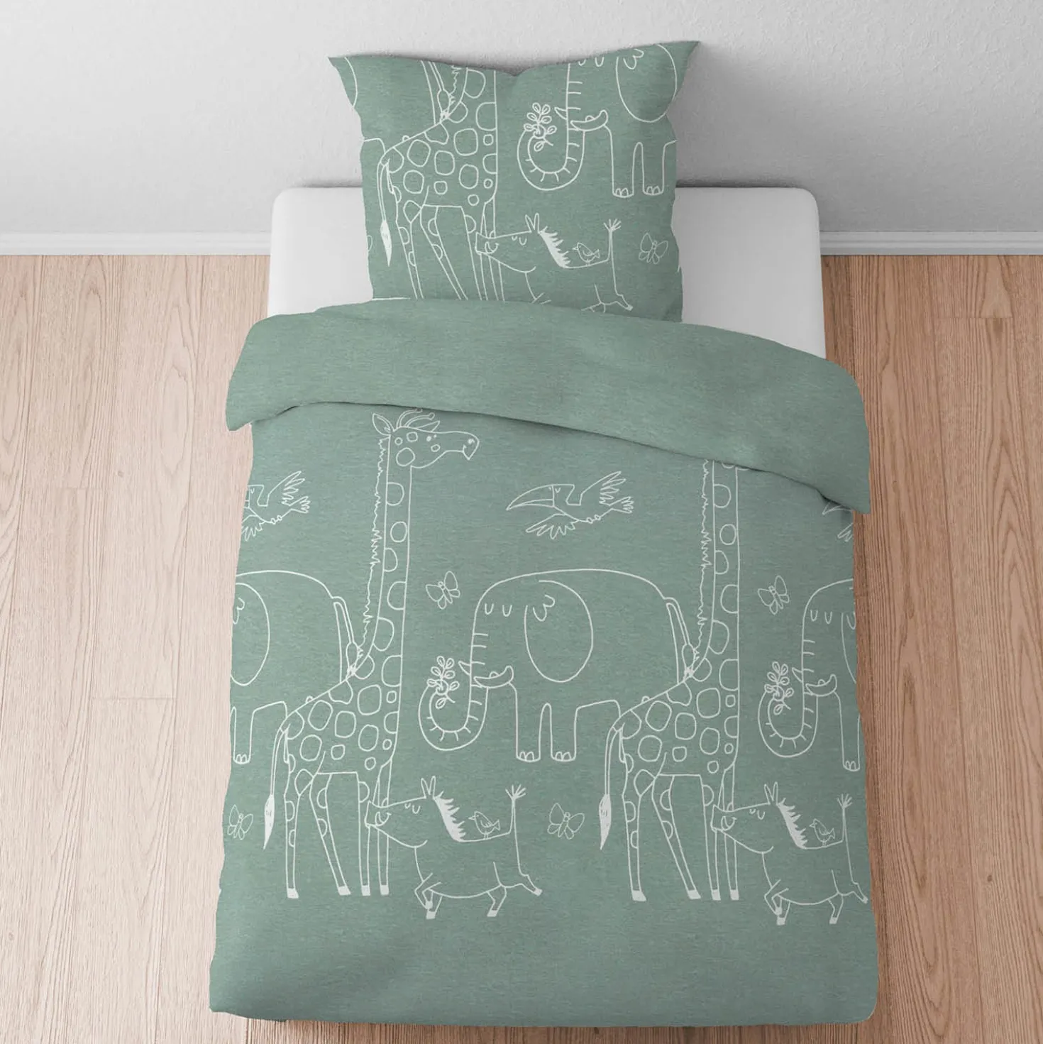 biberna Melange-Flanell Bettwäsche Tiere fichte, 1x 135x200 cm + 1x 80x80 cm