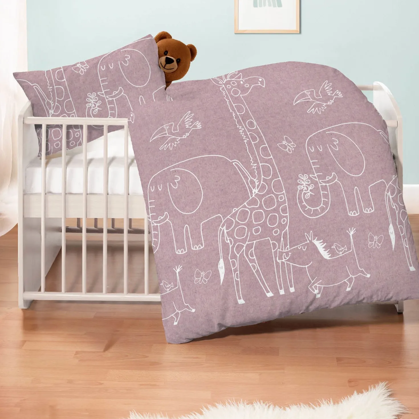 biberna Melange-Flanell Bettwäsche Tiere brombeer, 1x 100x135 cm + 1x 40x60 cm