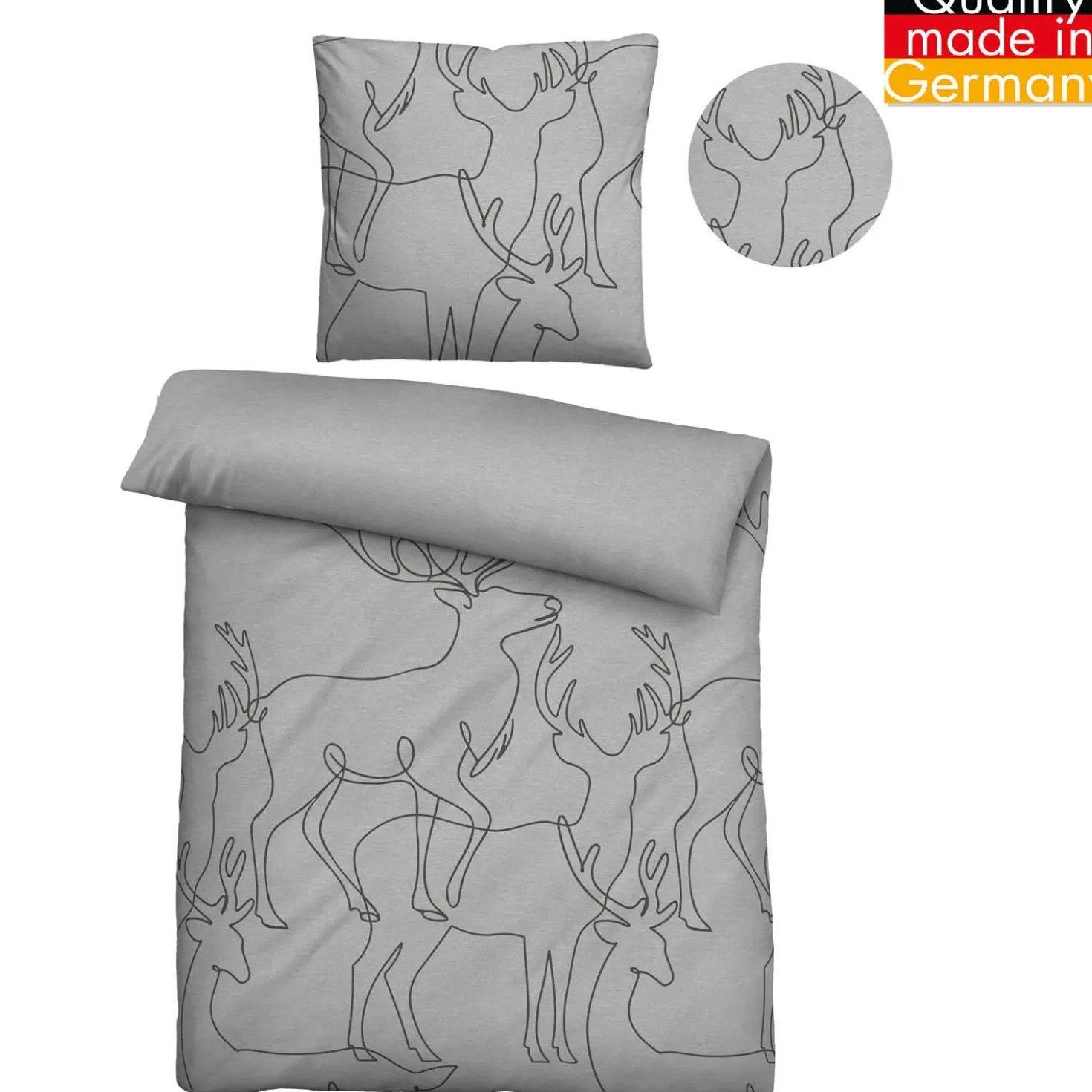 biberna Melange-Flanell Bettwäsche Hirsch sturmgrau, 1x 155x220 cm + 1x 80x80 cm