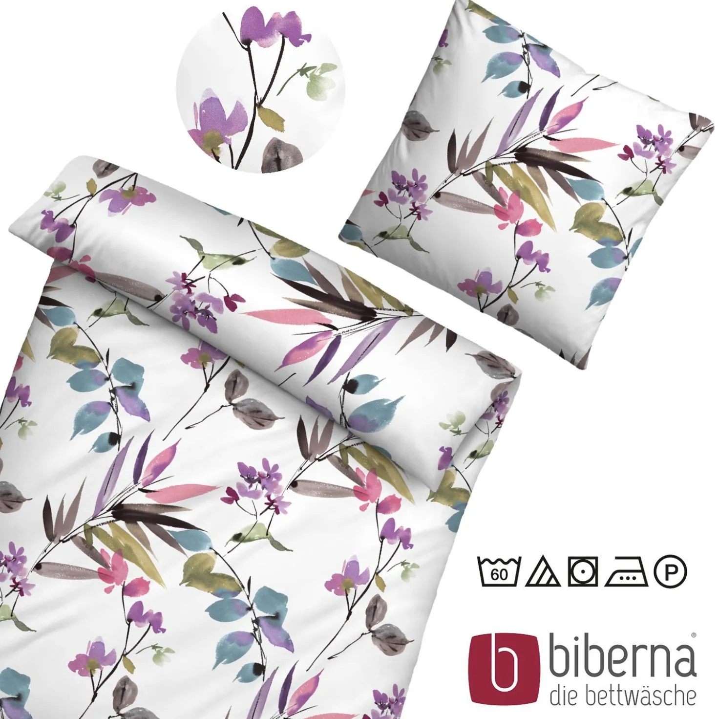 biberna Seersucker Bettwäsche FRÜHLING viola, 155x220 cm + 80x80 cm