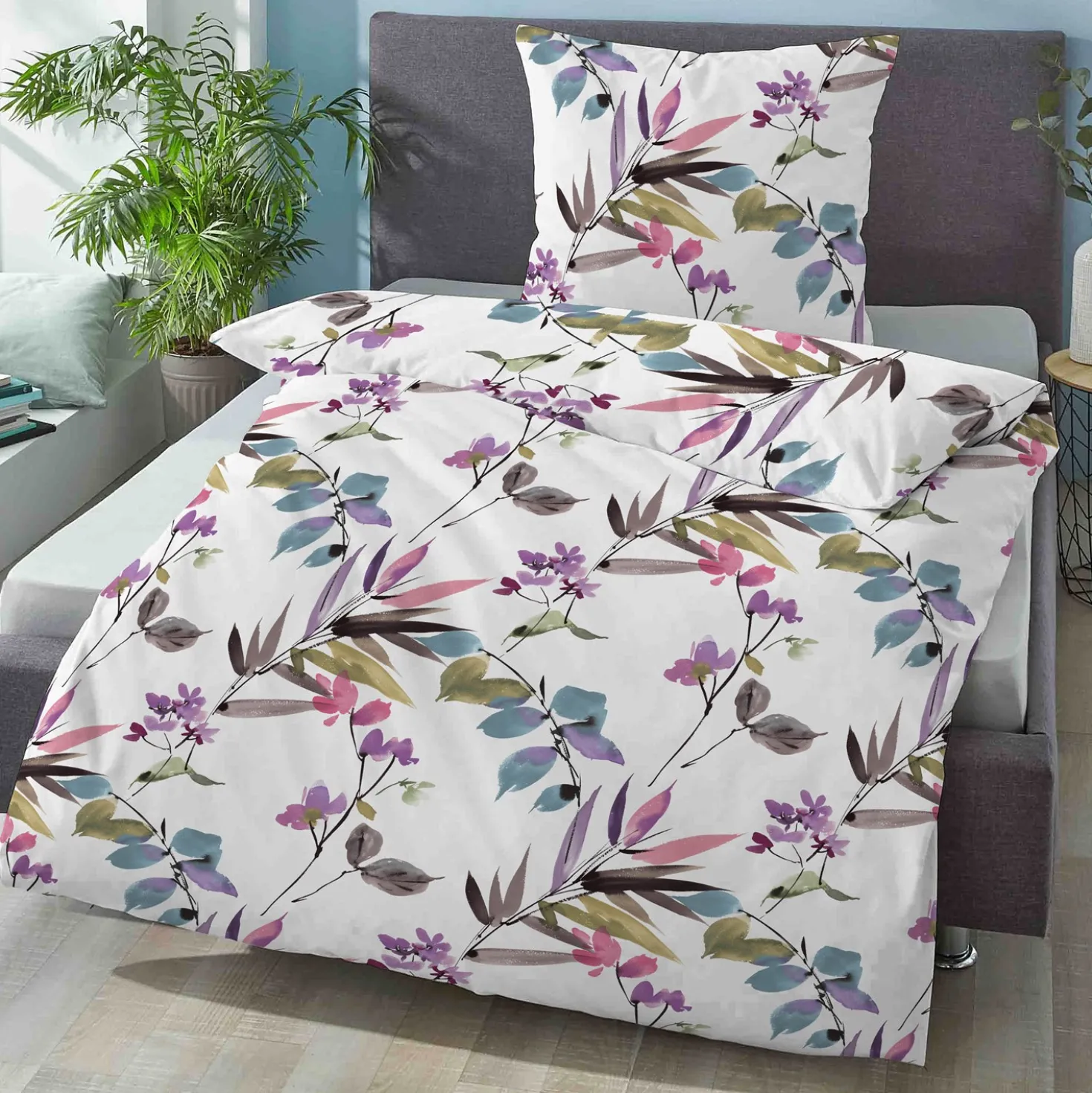 biberna Seersucker Bettwäsche FRÜHLING viola, 155x220 cm + 80x80 cm