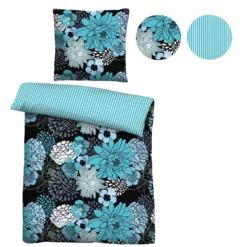 Castell Baumwoll Renforce Bettwäsche Blumen türkis, 1x 155x220 cm + 1x 80x80 cm