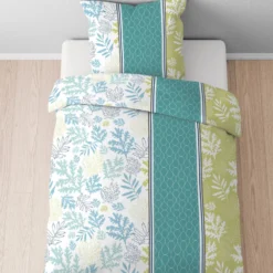 Castell Baumwoll Renforce Bettwäsche Floral längs türkis, 1x 155x220 cm + 1x 80x80 cm