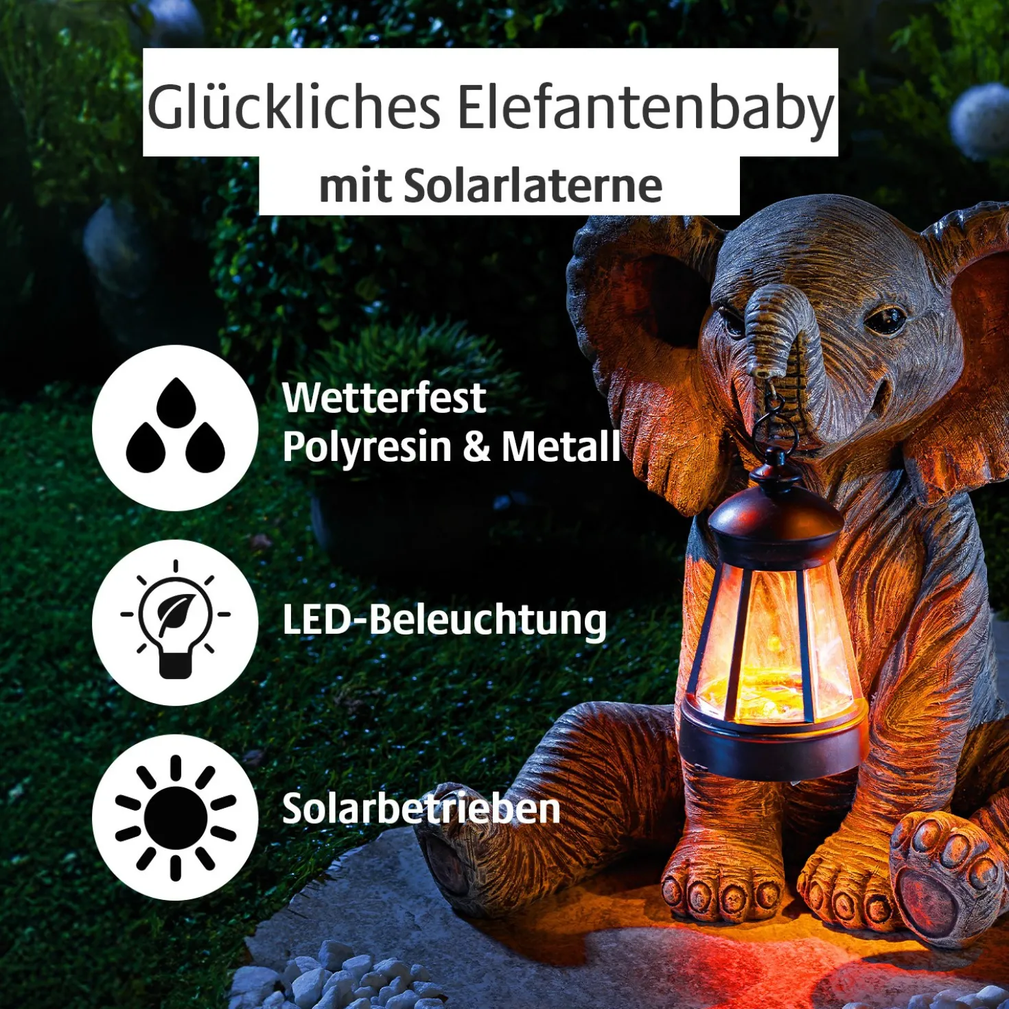 Dekofigur Elefant mit Solar-Laterne Gainsborough