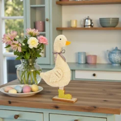 Dekofigur Ente mit Schleife aus Textil/Holz Beige