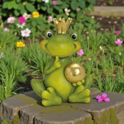 Dekofigur Froschkönig mit goldener Kugel aus Keramik