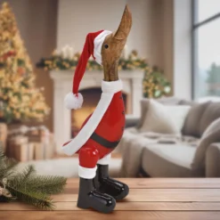 Dekofigur Laufente mit Weihnachtsmütze aus Mangoholz 34 cm hoch