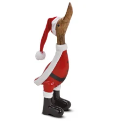 Dekofigur Laufente mit Weihnachtsmütze aus Mangoholz 34 cm hoch