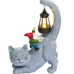 Dekofigur Solar Katze mit Zwerg