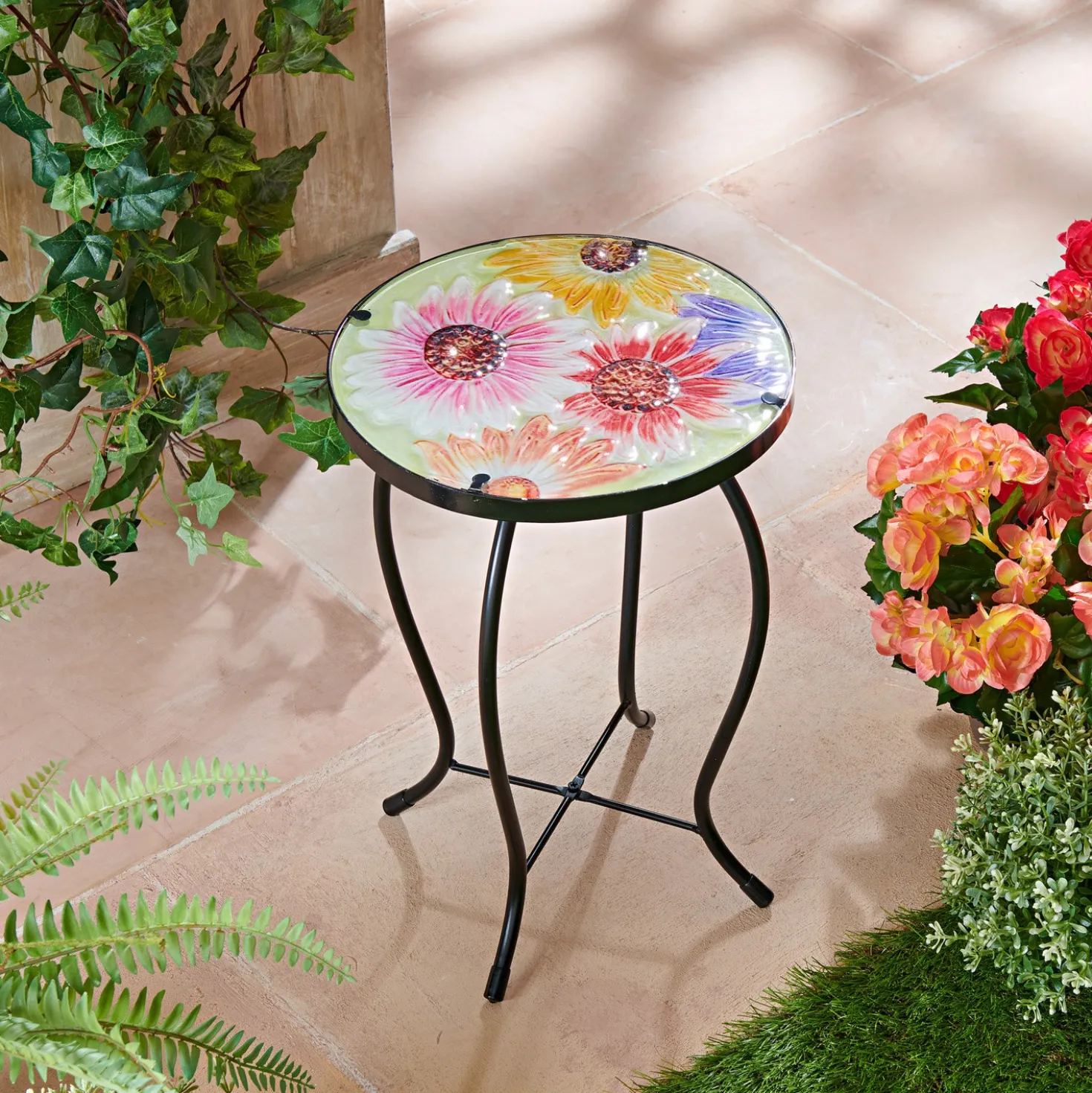 Dekotisch im Retro-Stil mit Glasplatte "Blumen"