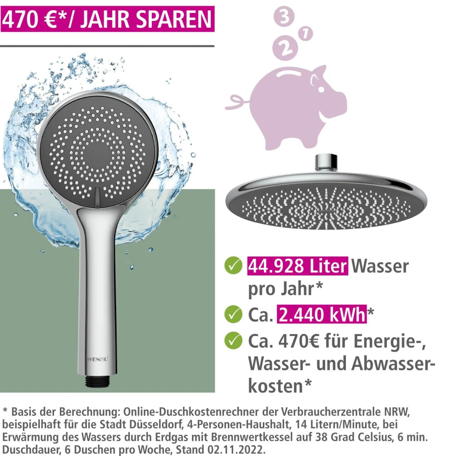 Duschsystem Watersaving Chrom höhenverstellbar WENKO