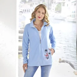 Fleece-Jacke mit Stickerei hellblau