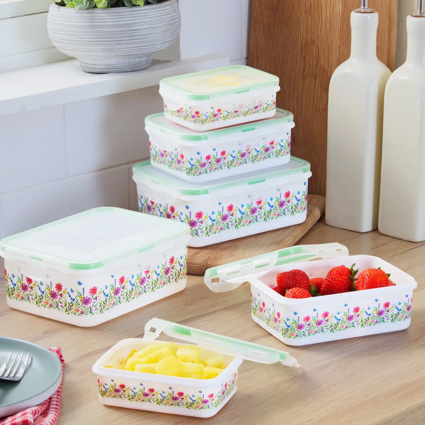 Frischhaltedosen "Blumenmuster" mit Silikondichtung, 6er-Set