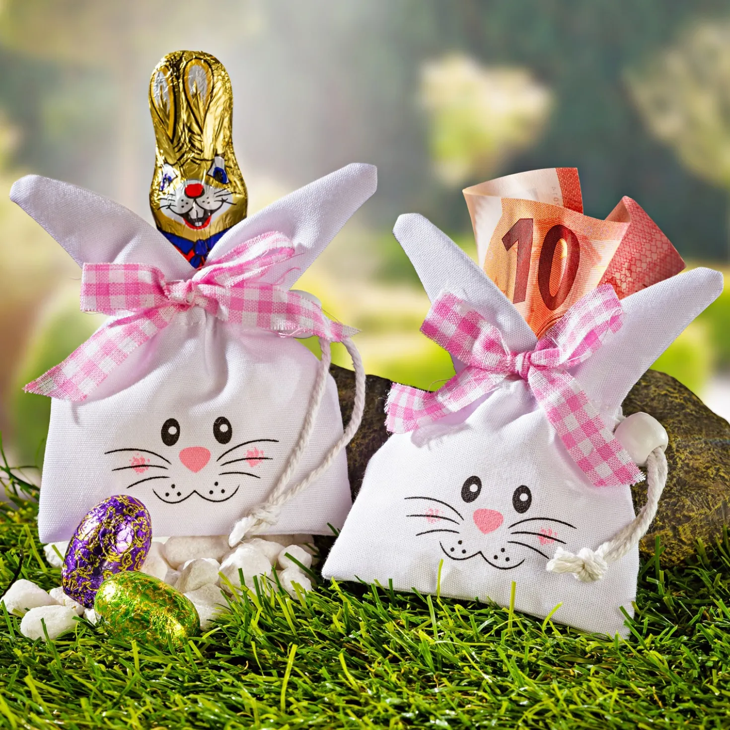 Geschenkbeutel „Hase“ mit rosa Schleifchen, 2er-Set