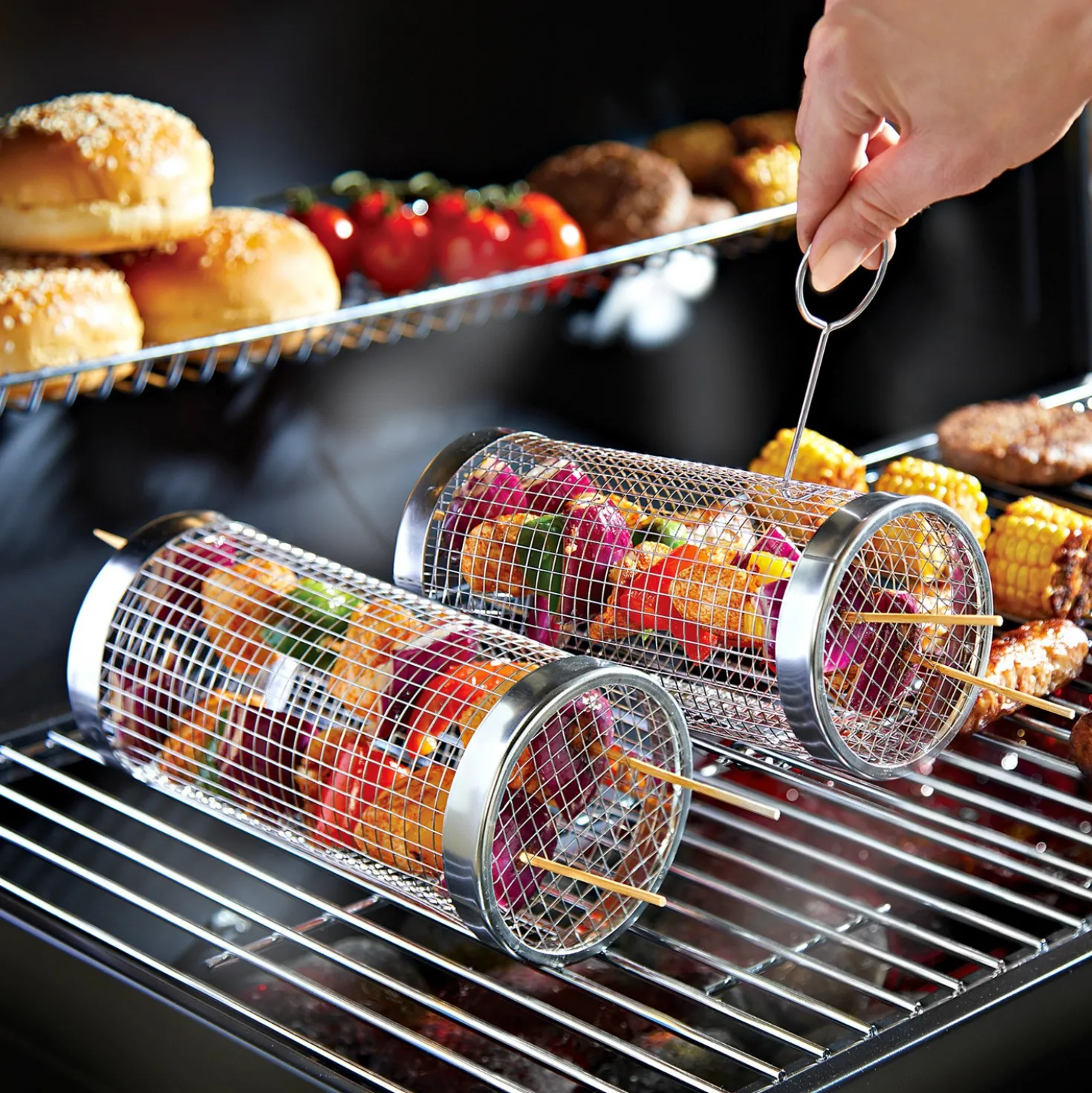 Grillkorb rollbar mit Grill-Gabel zum Drehen
