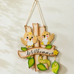 Holz-Deko "Willkommen" Vögel & Raupe Casa Bonita