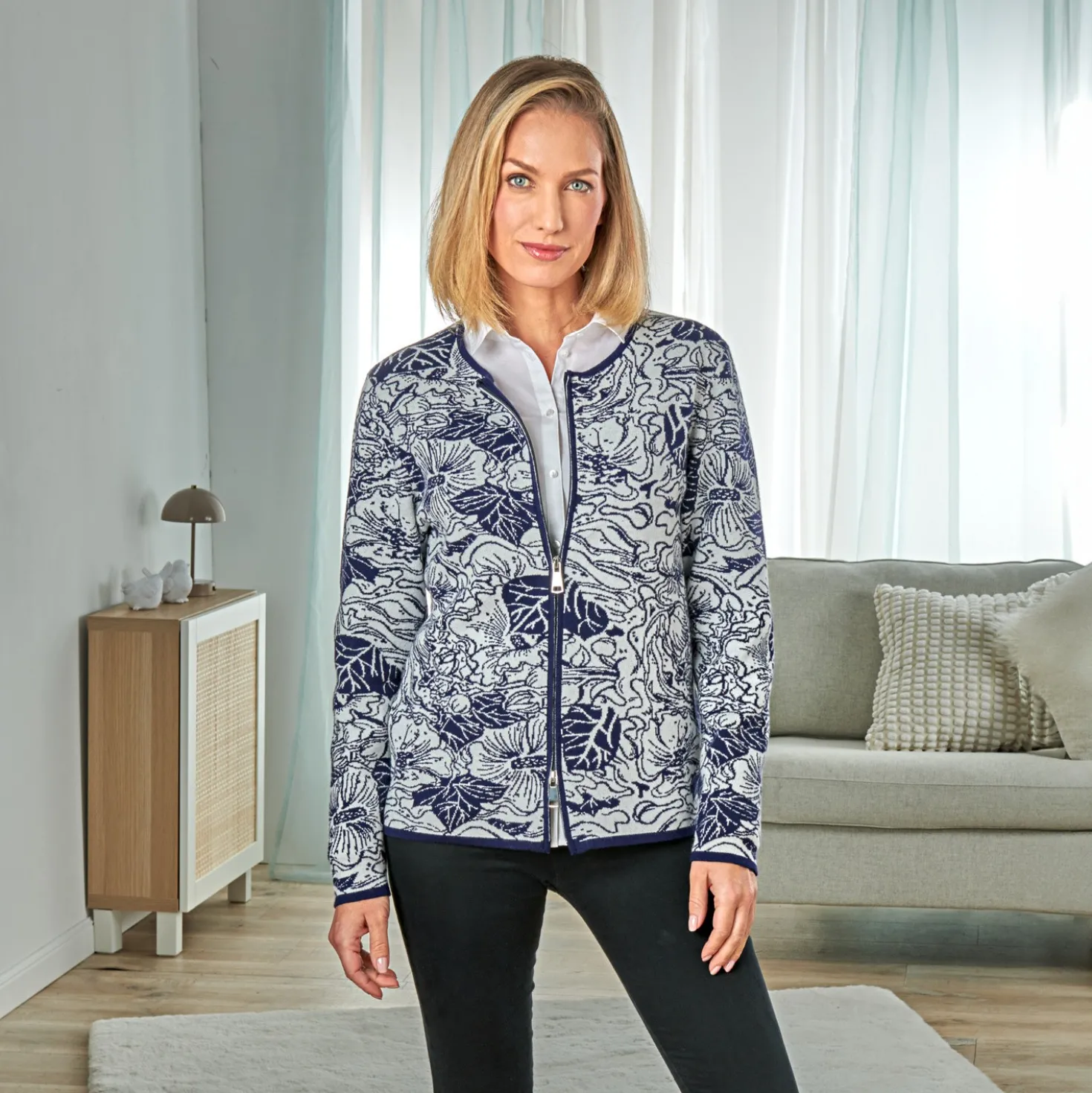 Jacquard-Strickjacke blau-weiss