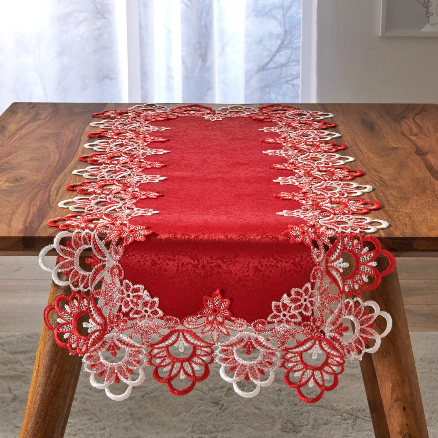 Jacquard-Tischläufer mit filigranem Spitzensaum rot Eldo