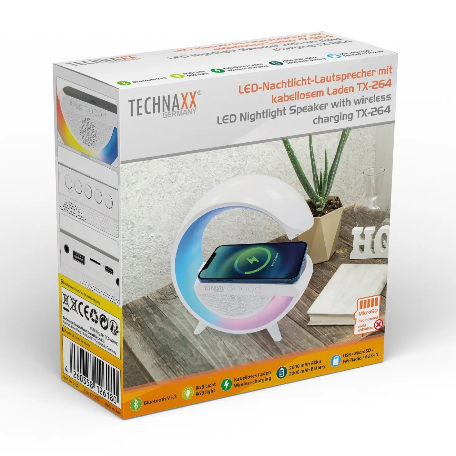 LED-Nachtlicht Lautsprecher mit kabelloser Ladefunktion Technaxx