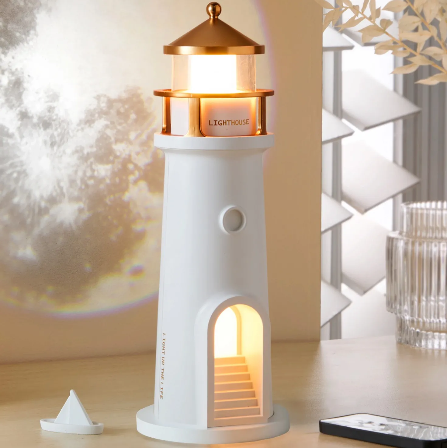 Leuchtturm-Projektorlampe mit LED-Mondschein, Bergström