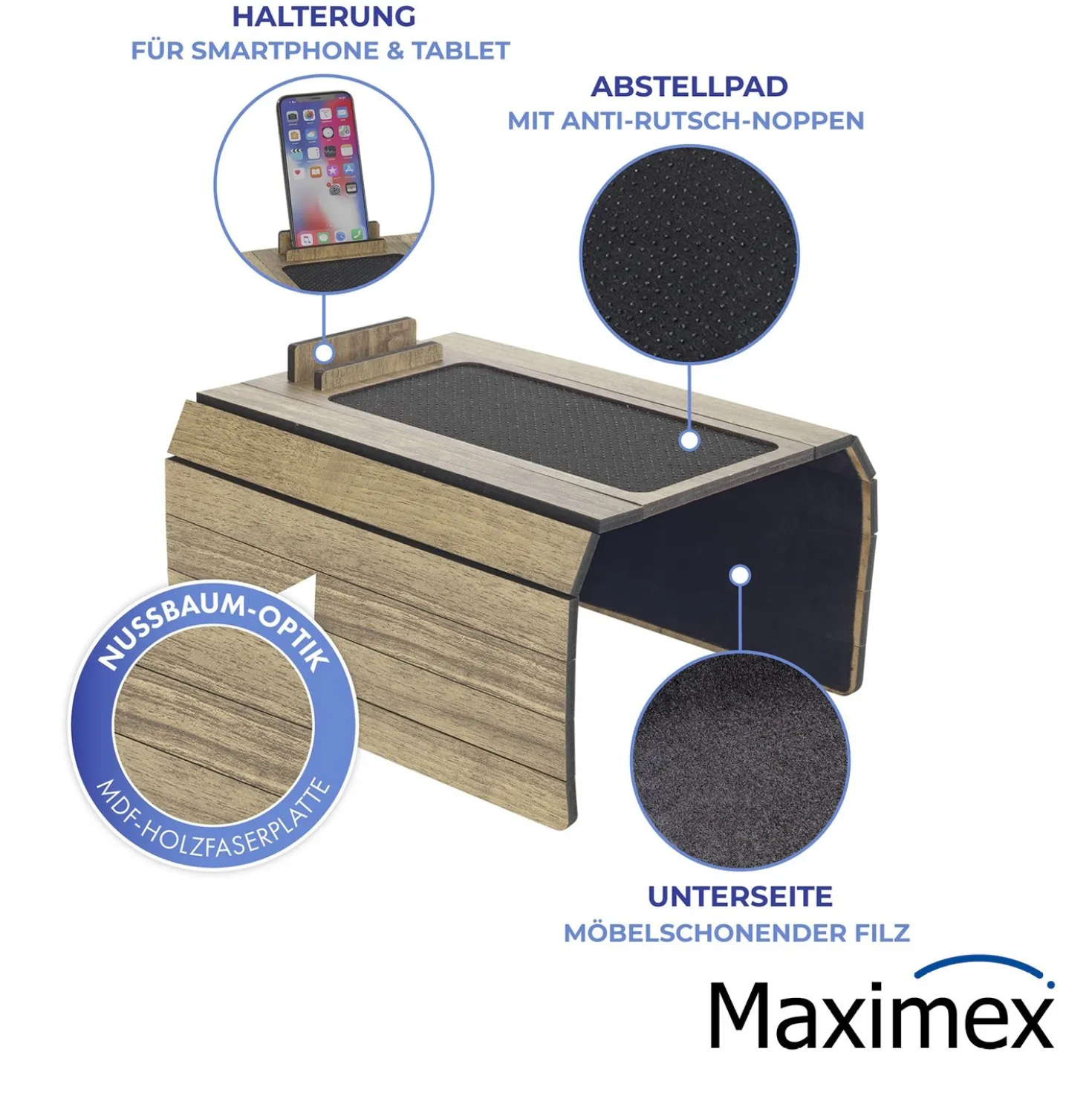 Maximex Multifunktions-Sofa-Tablett, mit Smartphone- und Tablethalterung