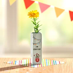 Mini-Blumenvase "Zum Geburtstag" mit Kunstblume Eldo