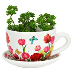 Pflanztasse Blumen Dekor aus Keramik 20 cm