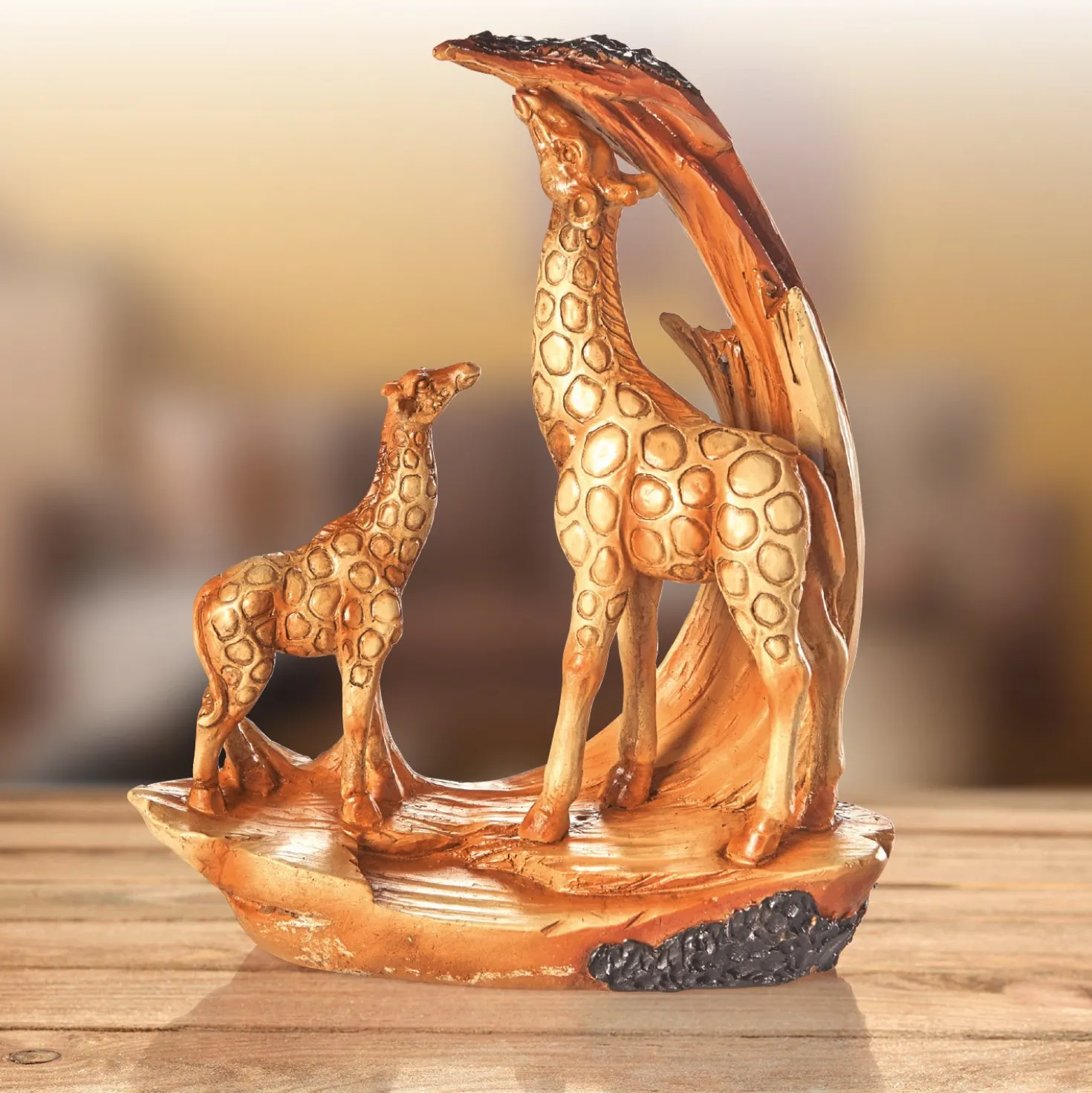 Resin-Skulptur "Giraffe mit Kind" in Holzoptik Eldo