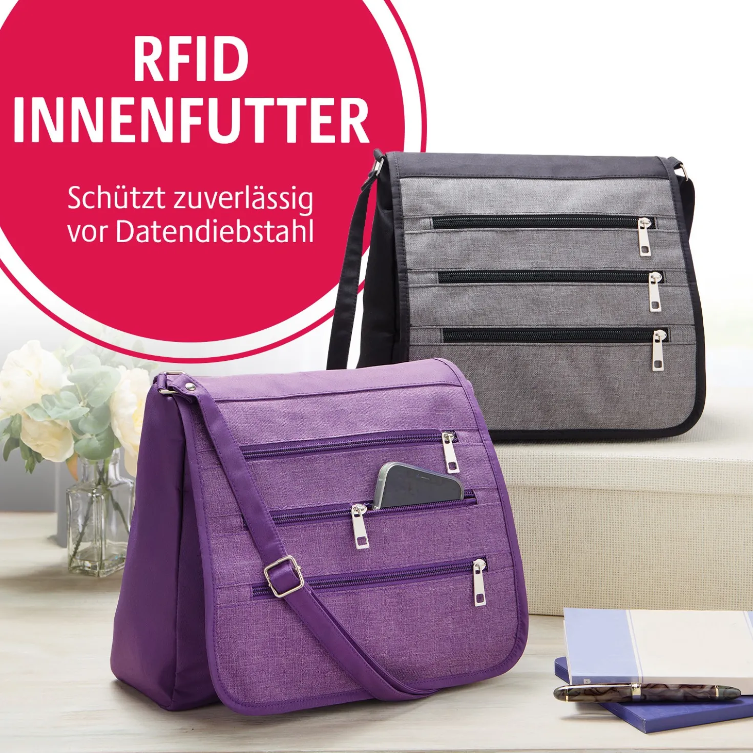 Schultertasche mit RFID-Schutz schwarz
