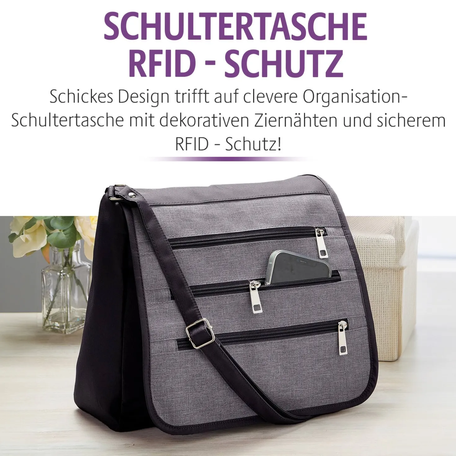 Schultertasche mit RFID-Schutz schwarz