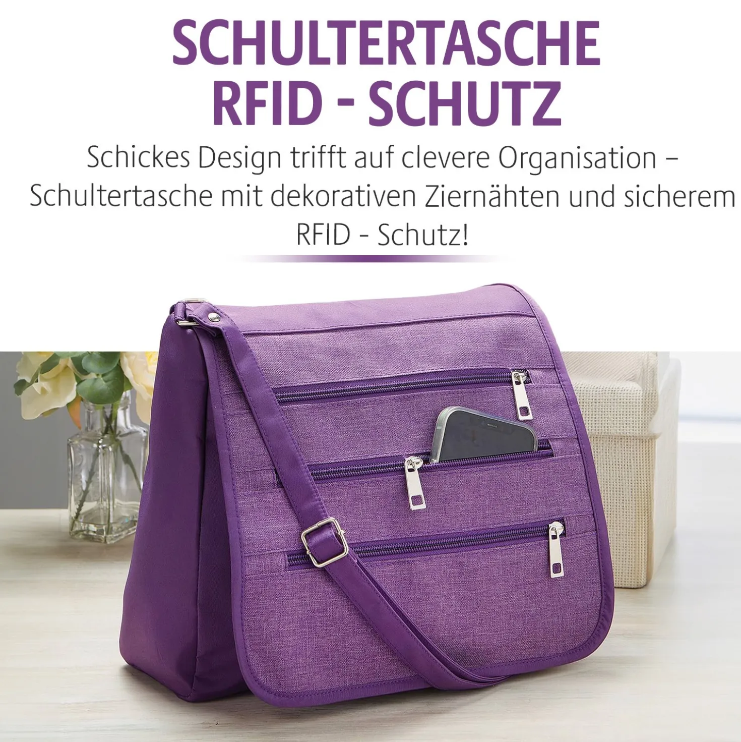 Schultertasche mit RFID-Schutz pflaume