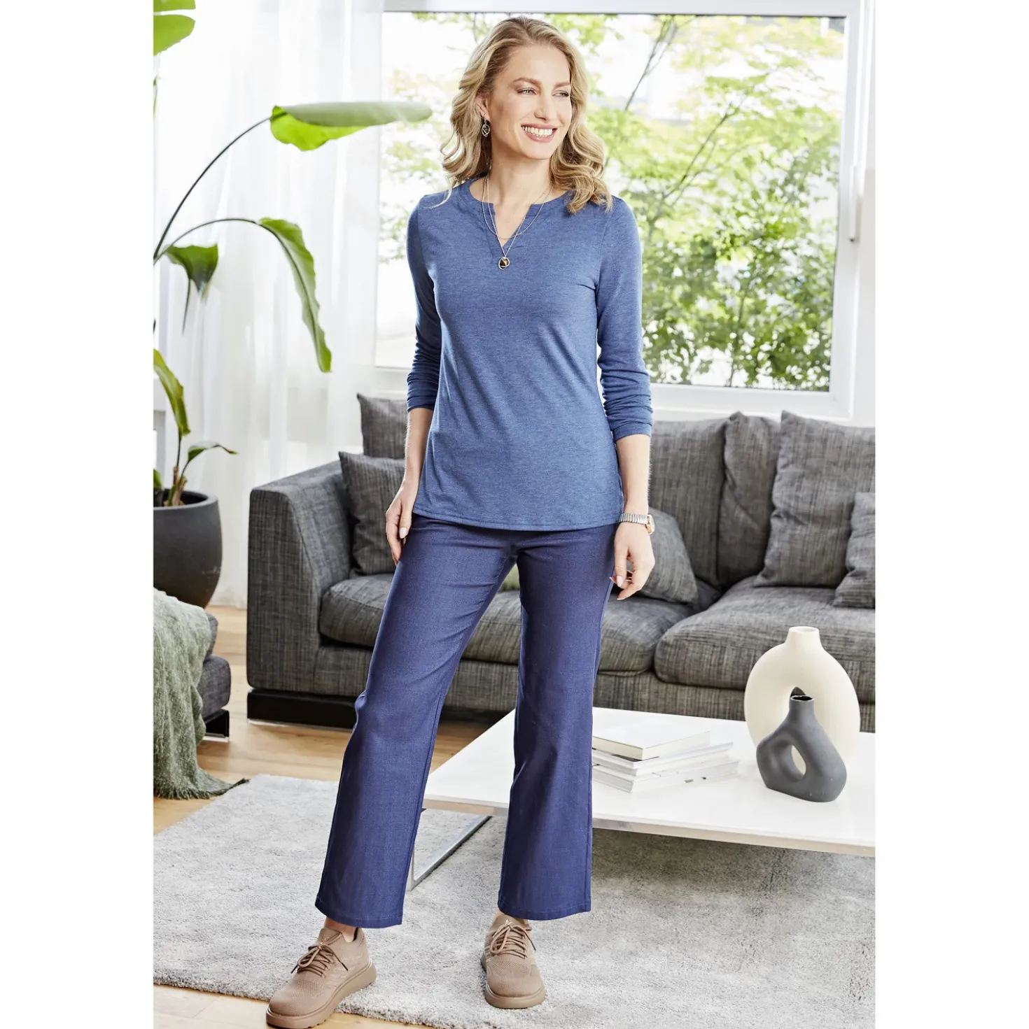 Shirt mit Tunika-Ausschnitt 2er-Set blau + taupe