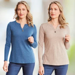 Shirt mit Tunika-Ausschnitt 2er-Set blau + taupe