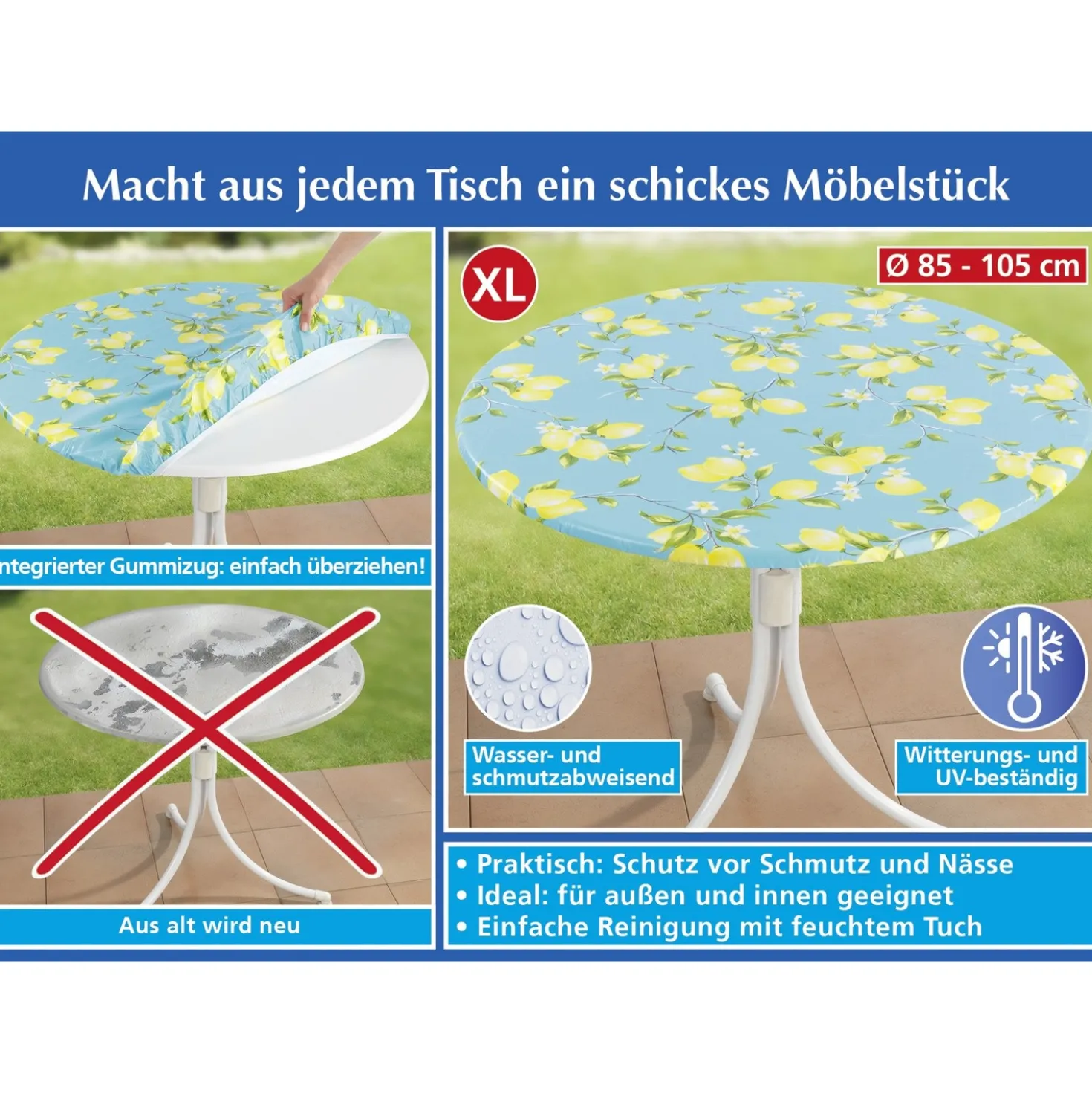 Spanntischdecke Zitrone XL Ø 85–105 cm