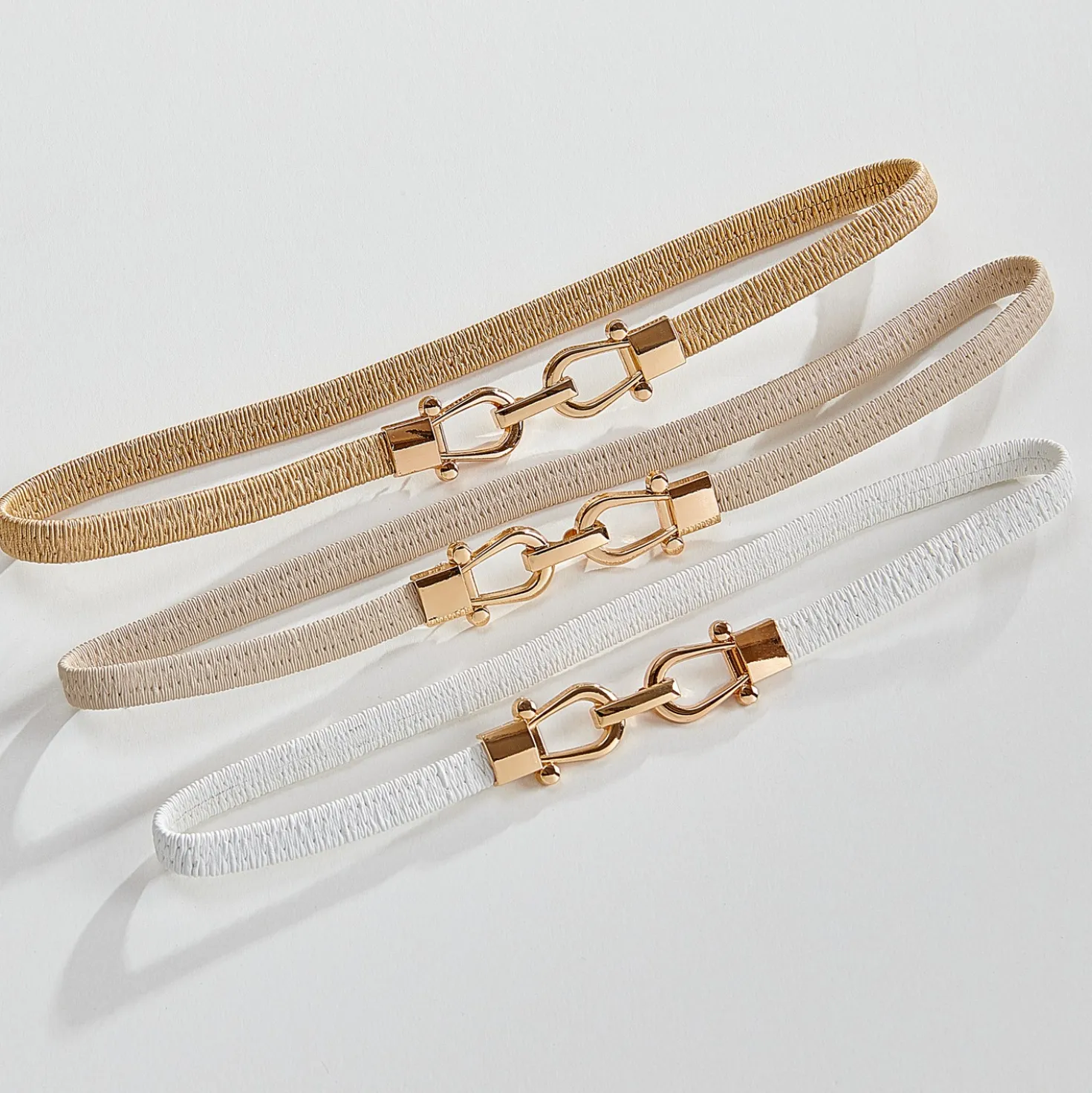 Stretch-Gürtel weiß, beige, goldfarben 3er-Set