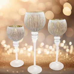 Teelichthalter Glas-Kelch weiß-golden 3er-Set