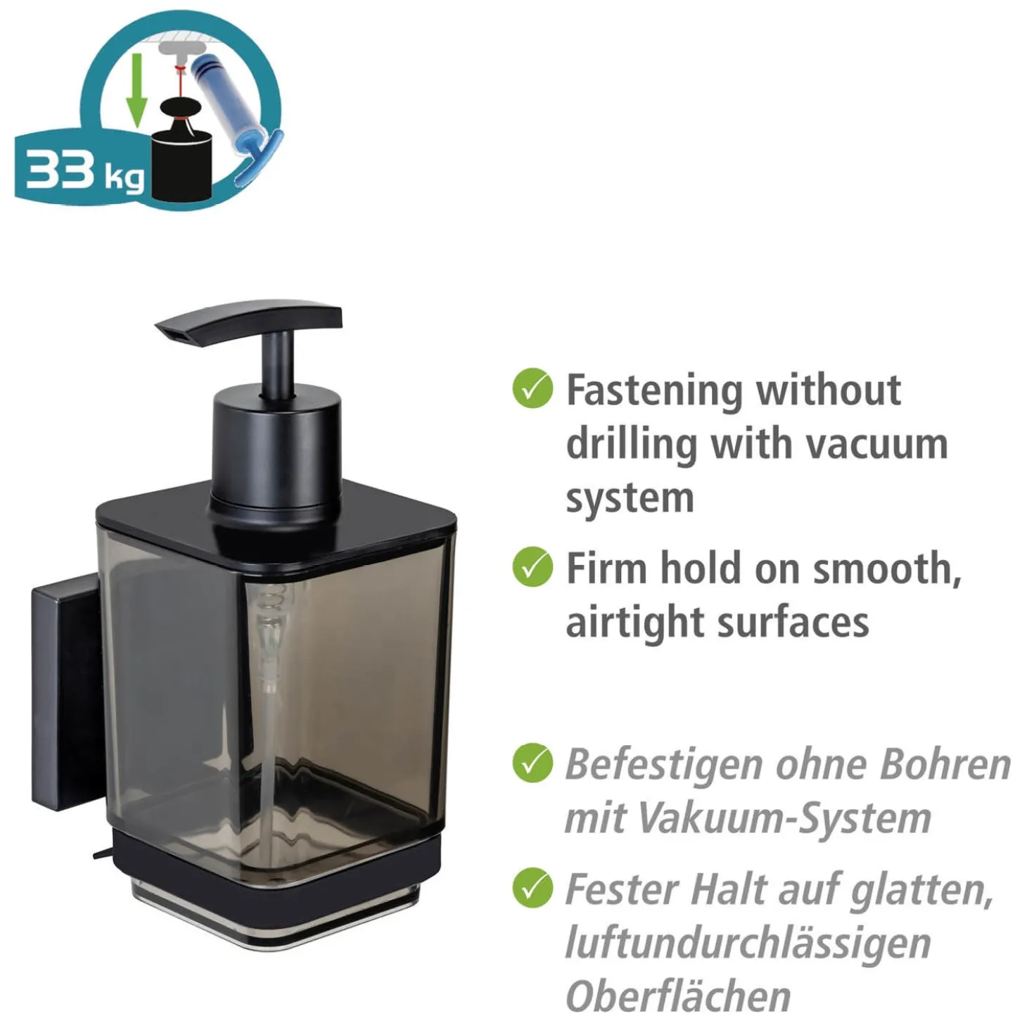Vacuum-Loc® Seifenspender „Quadro“, schwarz, Edelstahl/Kunststoff WENKO